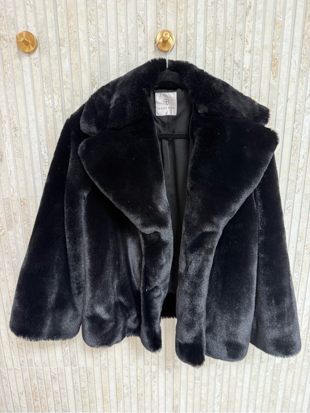 Annie Bing Black Faux Fur Coat - Plush Collared Jacket